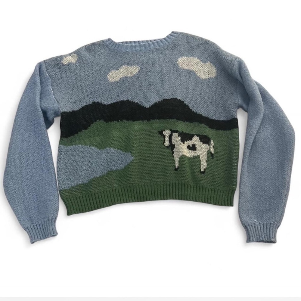 Blue Color Block Cow Pattern Drop Shoulder Sweater - Picture 3 of 7